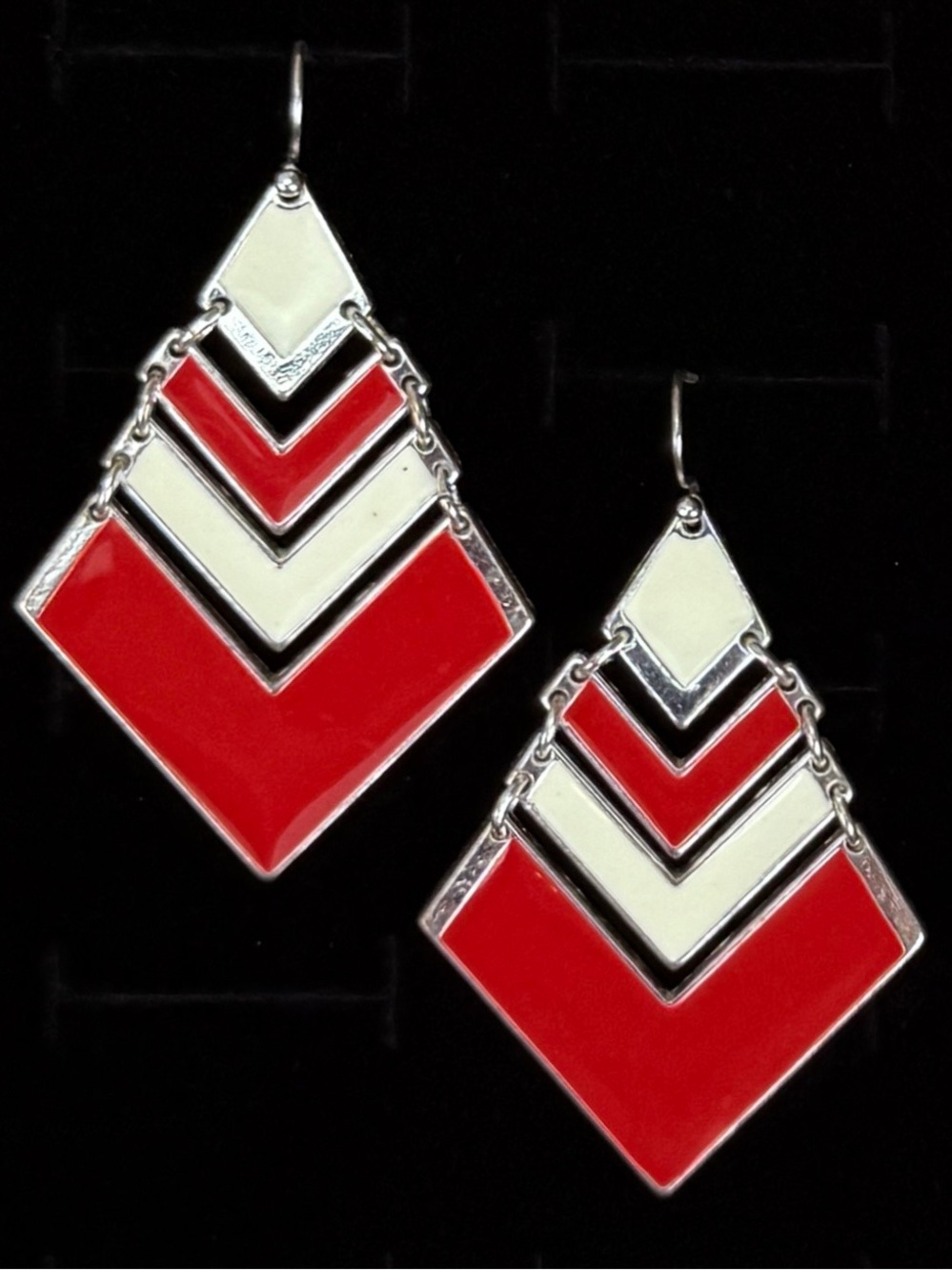 Vintage Geometric Red and Silvertone Pierced Earrings